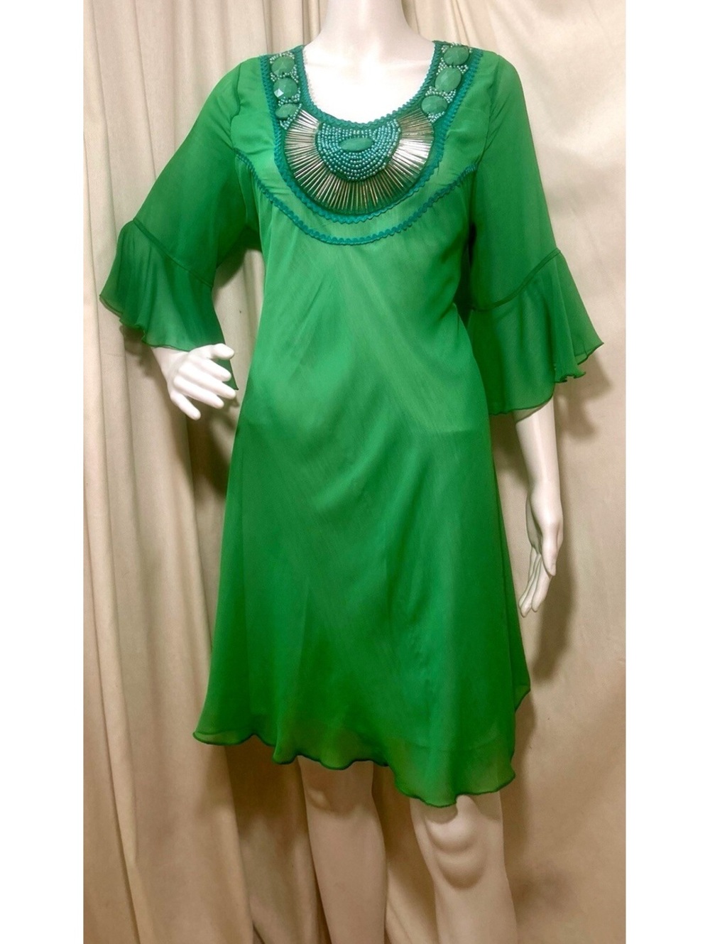 Vtg 60s 70s Boho Hippy Beaded Jewel Green Sheer Chiffon Mini Trapeze Dress S/M